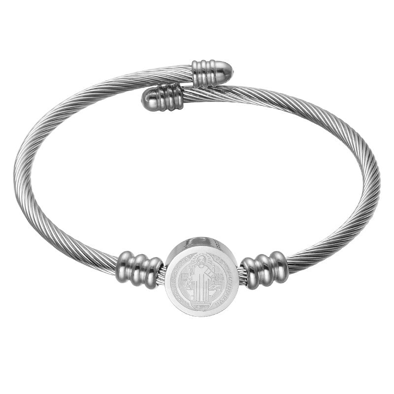 304 Stainless Steel Saint Benedict Charms Twist Rope Bangle for Women, Golden, Inner Diameter: 2-3/8 inch(6cm) - Silver - image 2