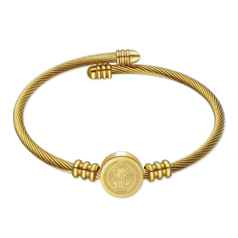 304 Stainless Steel Saint Benedict Charms Twist Rope Bangle for Women, Golden, Inner Diameter: 2-3/8 inch(6cm) - Golden - image 1
