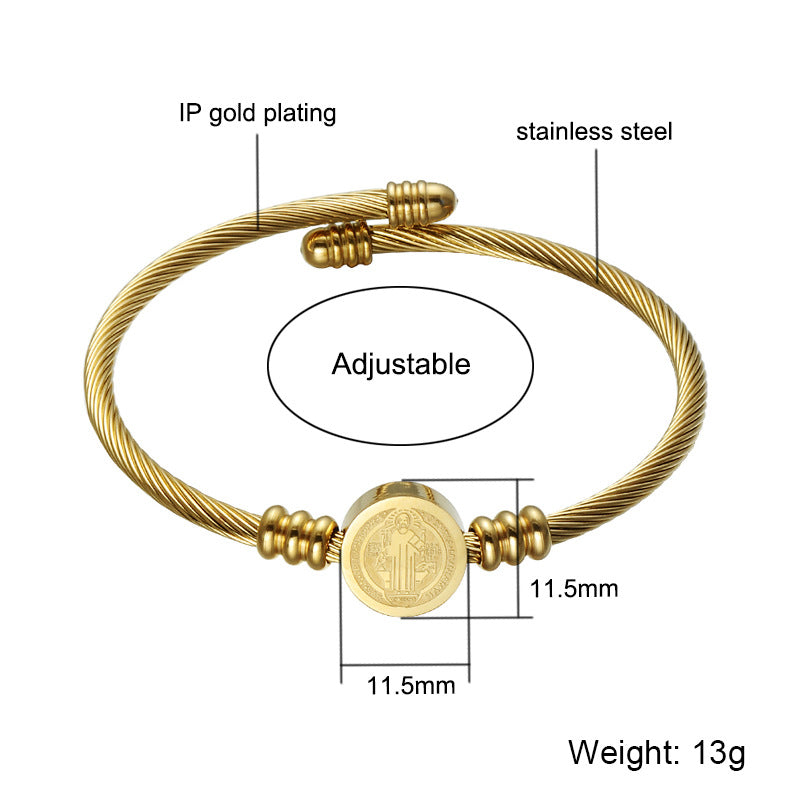 304 Stainless Steel Saint Benedict Charms Twist Rope Bangle for Women, Golden, Inner Diameter: 2-3/8 inch(6cm) - image 3