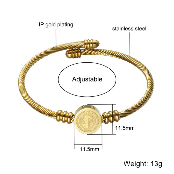 304 Stainless Steel Saint Benedict Charms Twist Rope Bangle for Women, Golden, Inner Diameter: 2-3/8 inch(6cm) - image 3