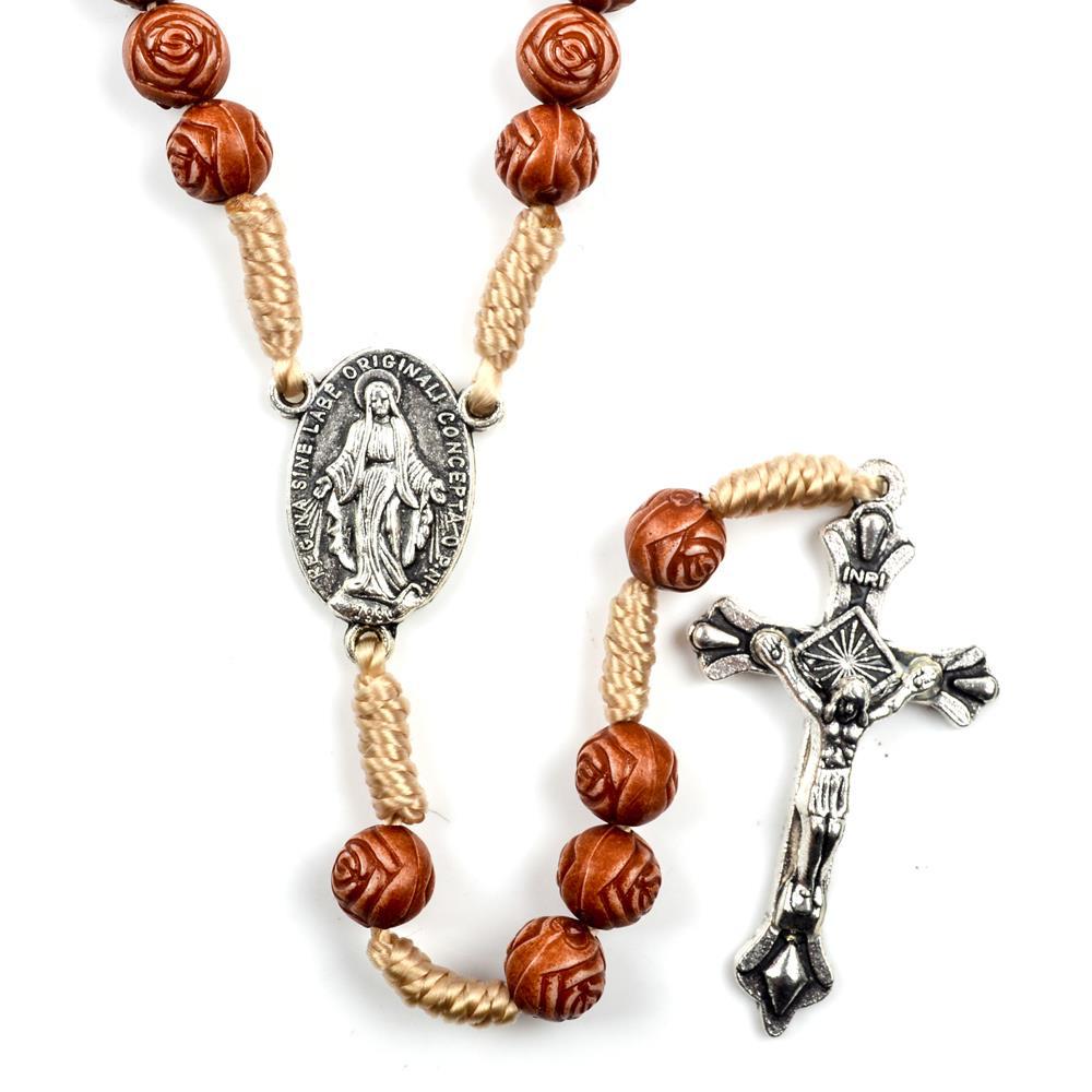 Christianartworkshop Handmade Rose-Shaped Wooden Bead Rosary: Miraculous Medal & Crucifix - image 3