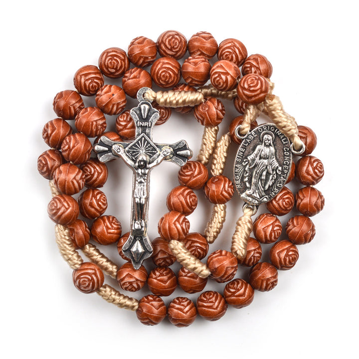Christianartworkshop Handmade Rose-Shaped Wooden Bead Rosary: Miraculous Medal & Crucifix - image 4