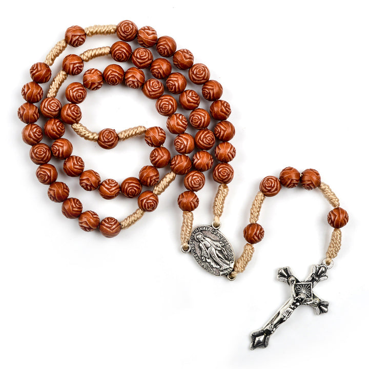 Christianartworkshop Handmade Rose-Shaped Wooden Bead Rosary: Miraculous Medal & Crucifix - Rose-Shaped - image 1