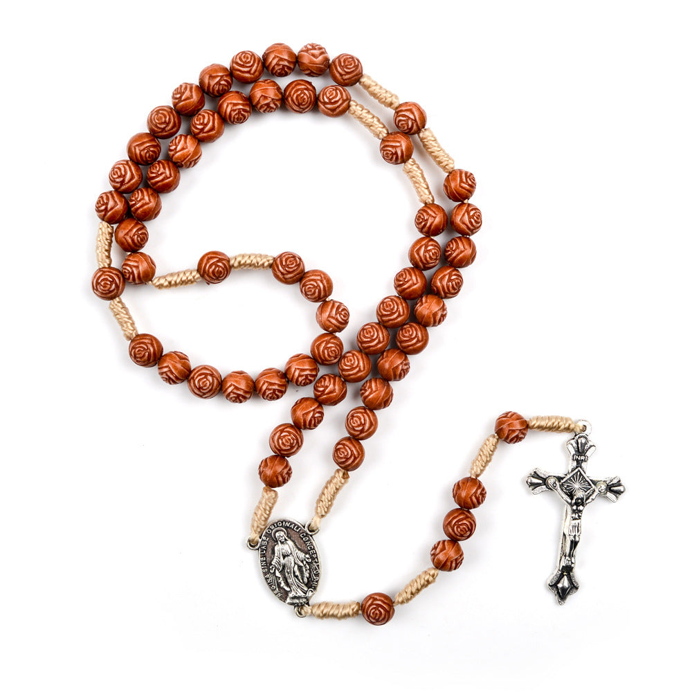 Christianartworkshop Handmade Rose-Shaped Wooden Bead Rosary: Miraculous Medal & Crucifix - image 5