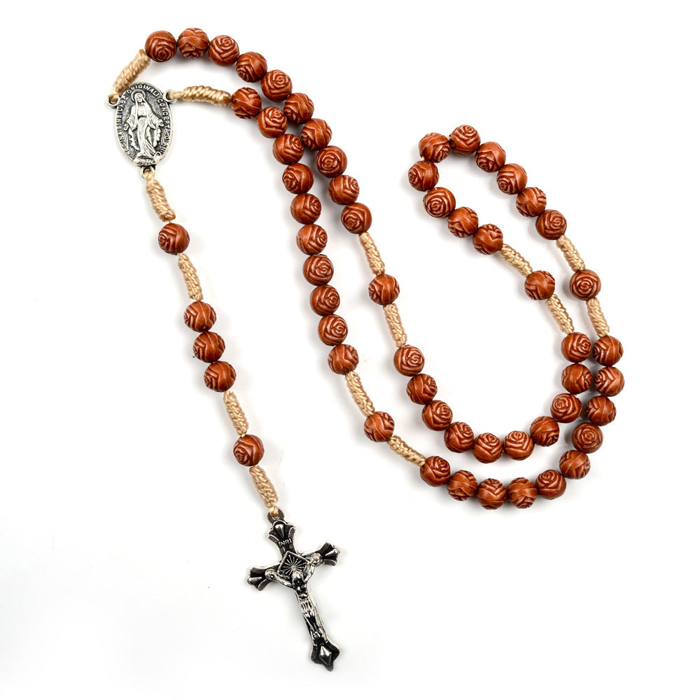 Christianartworkshop Handmade Rose-Shaped Wooden Bead Rosary: Miraculous Medal & Crucifix - image 2