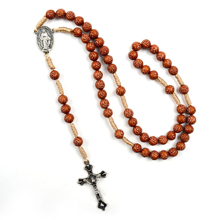 Christianartworkshop Handmade Rose-Shaped Wooden Bead Rosary: Miraculous Medal & Crucifix - image 2
