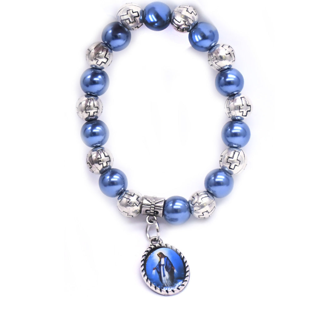 Virgin Mary Pendant Blue Pearls Rosary Bracelet - image 3
