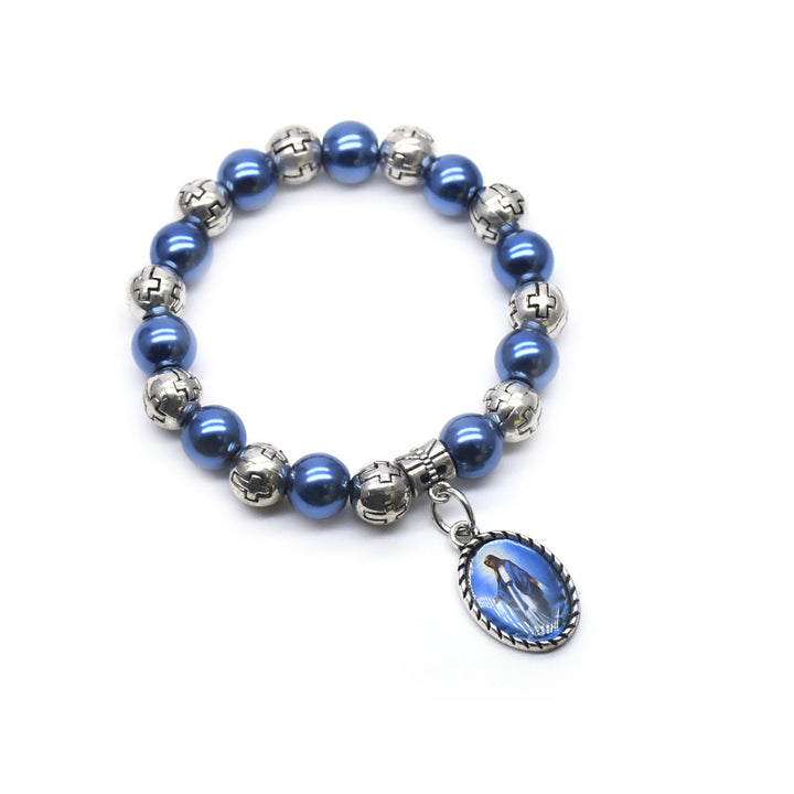 Virgin Mary Pendant Blue Pearls Rosary Bracelet - image 5