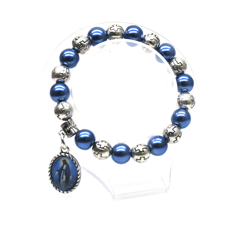 Virgin Mary Pendant Blue Pearls Rosary Bracelet - image 4