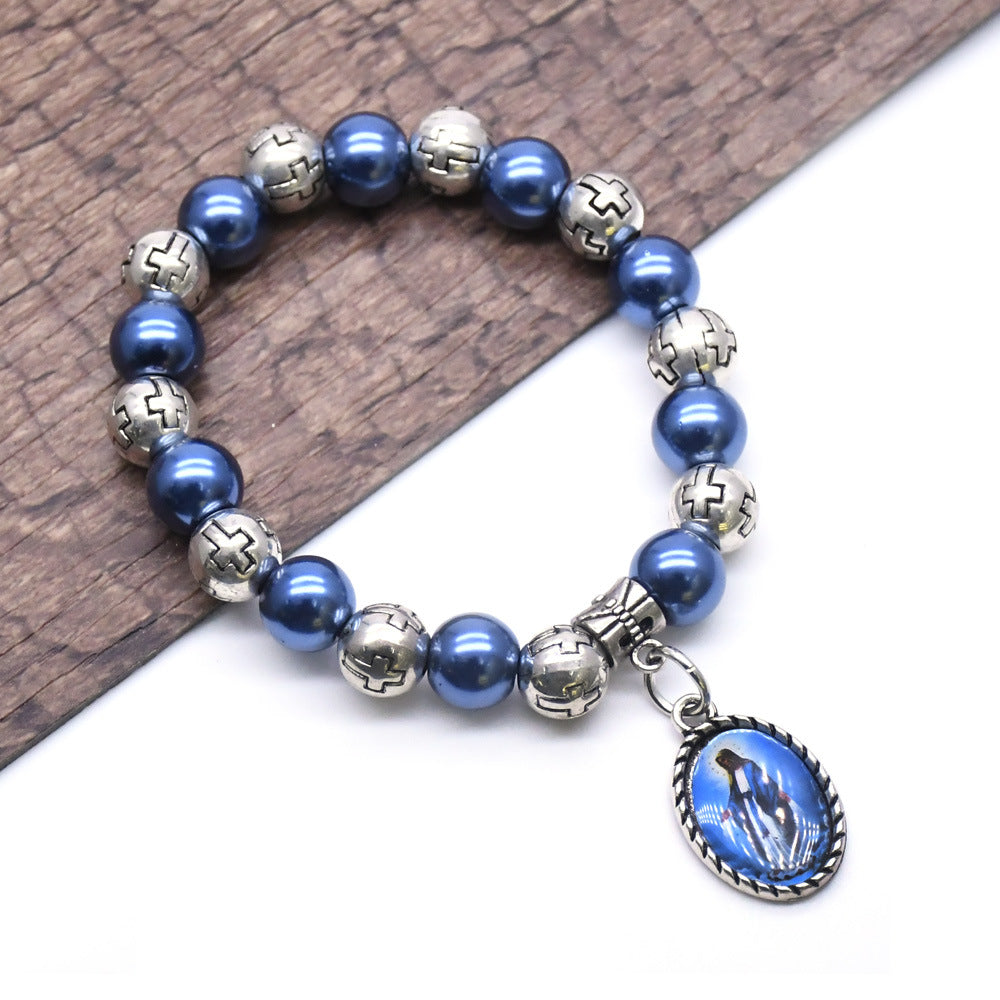 Virgin Mary Pendant Blue Pearls Rosary Bracelet - Royal Blue - image 1