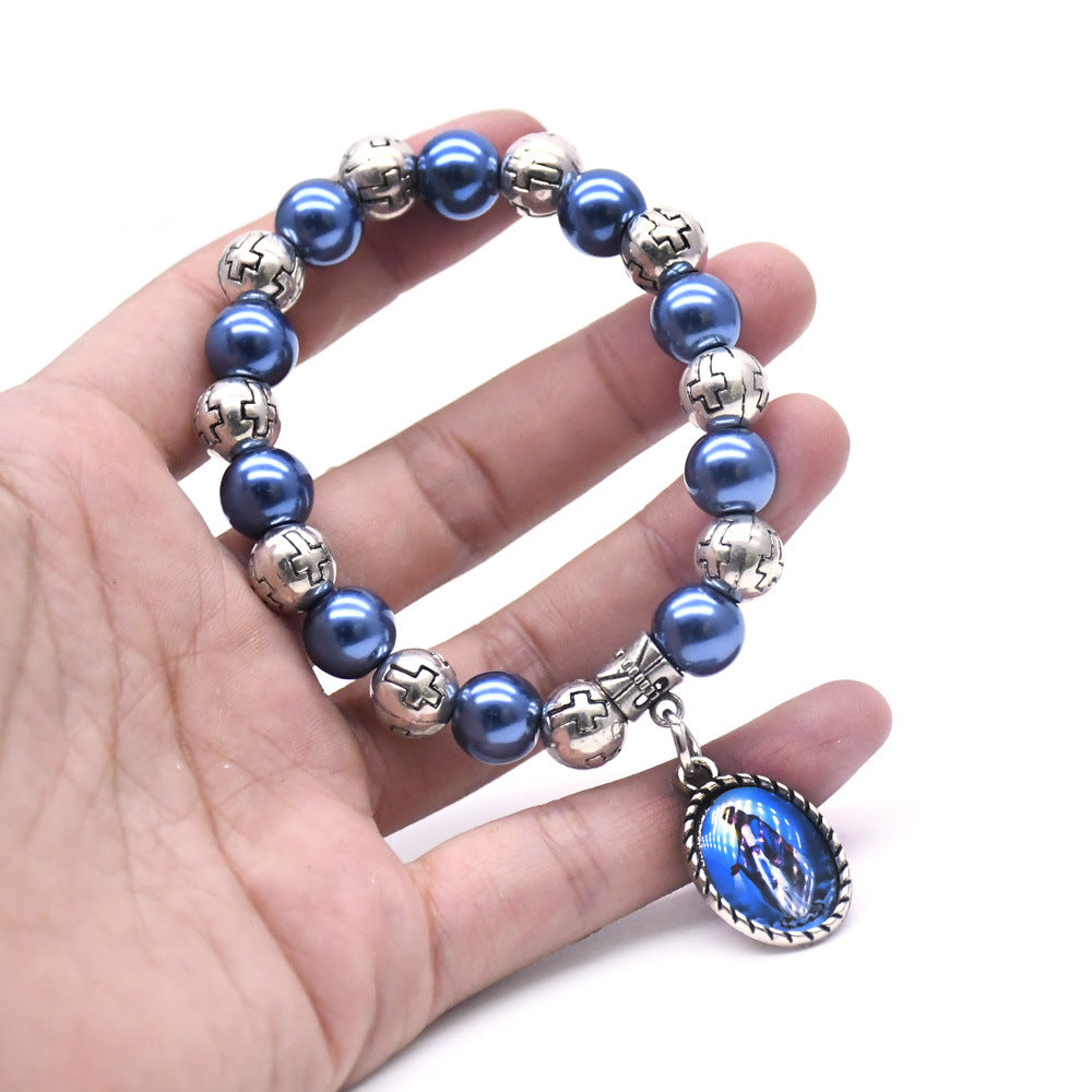 Virgin Mary Pendant Blue Pearls Rosary Bracelet - image 2