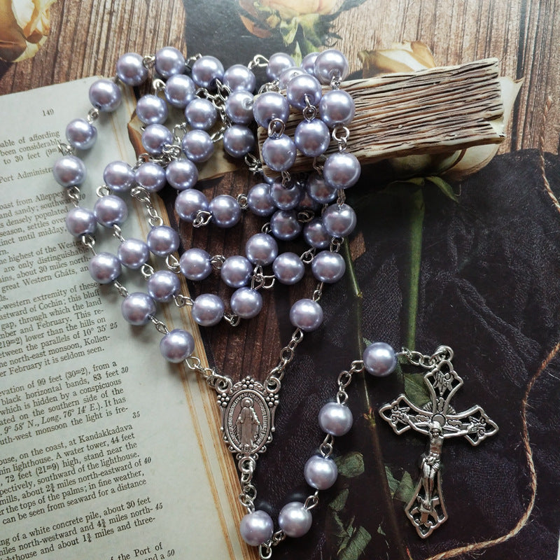 Purple Pearl Rosary Christian Necklace - image 3