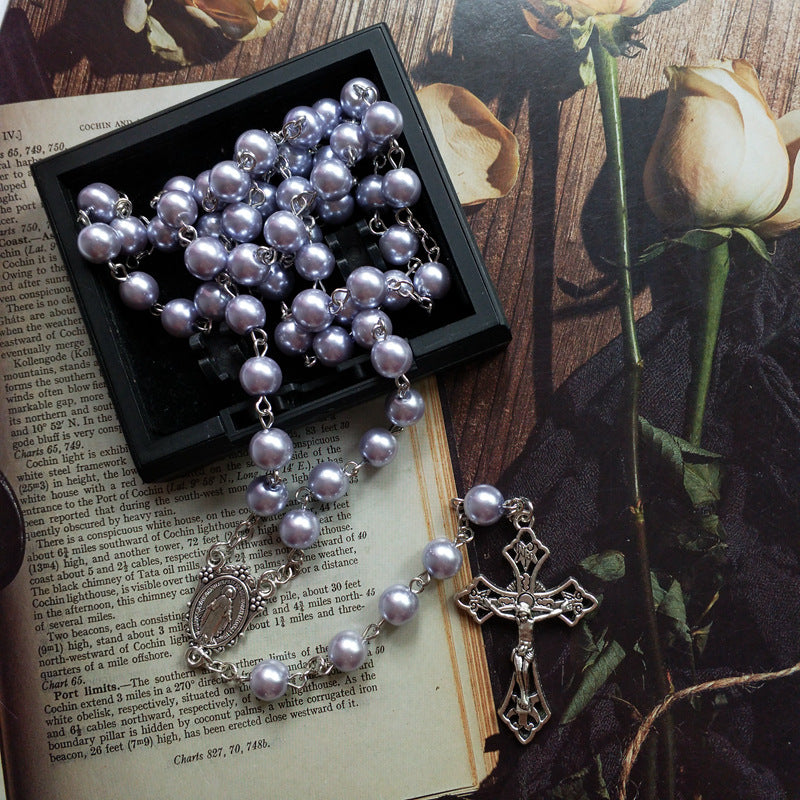 Purple Pearl Rosary Christian Necklace - Light Purple - image 1