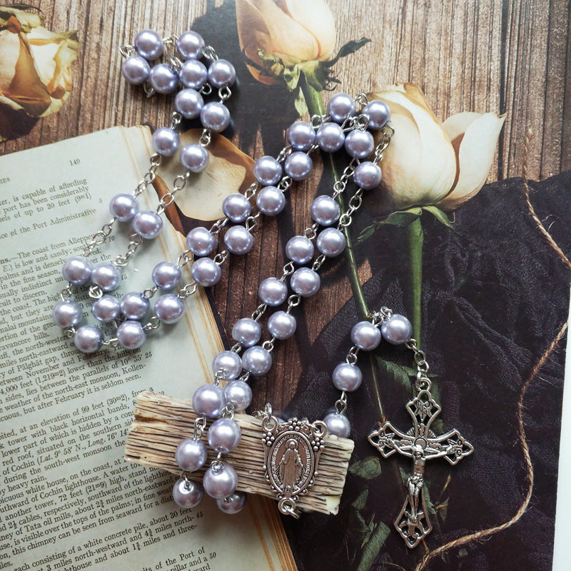 Purple Pearl Rosary Christian Necklace - image 2