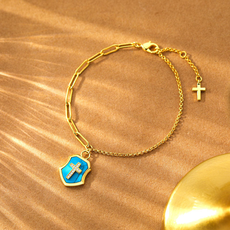 Christianartworkshop Turquoise Cross Shield Blessing Bracelet with Zircon Stones - Turquoise Cross Shield - image 1