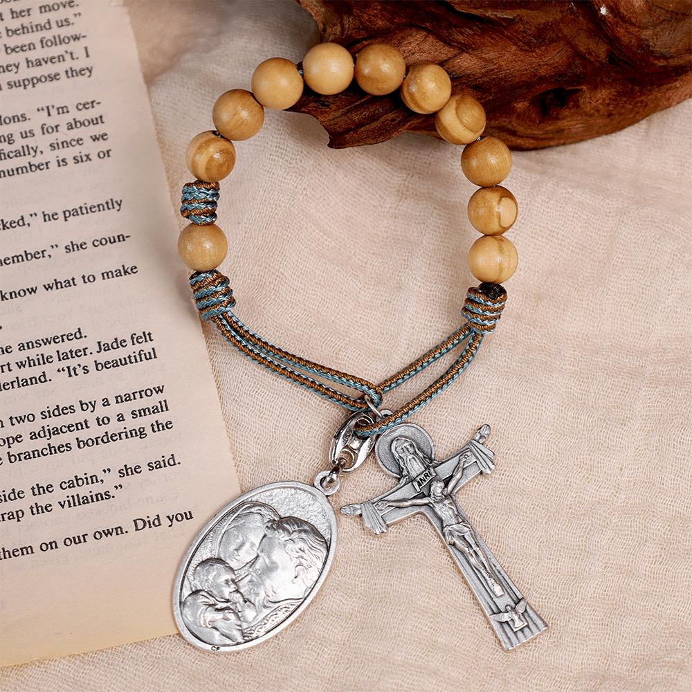 Mary Joseph with Baby Jesus Medal & Holy Trinity Cross Olive Wood Pocket Rosary - Blue Cord - image 1