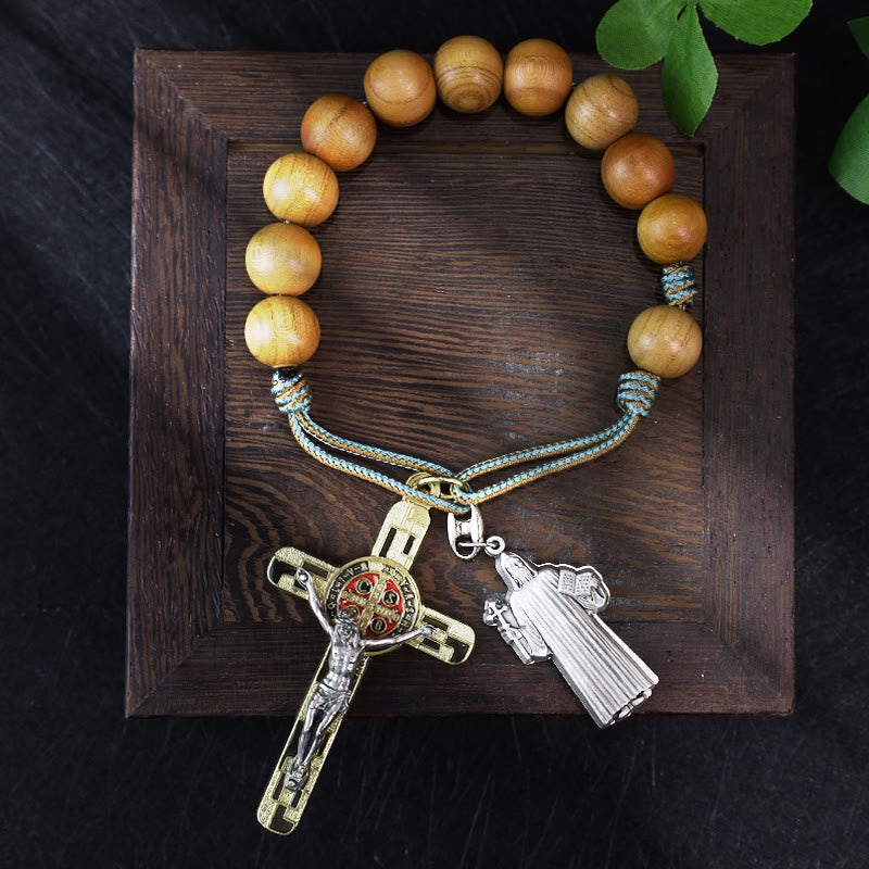 Olive Wood Pocket Rosary with Special-Made Saint Benedict Medal & Crucifix - Blue Cord - image 1