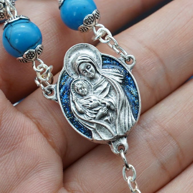 Christianartworkshop Blue Turquoise Christ Prayer Rosary with Mary & Baby Jesus Medal - image 2