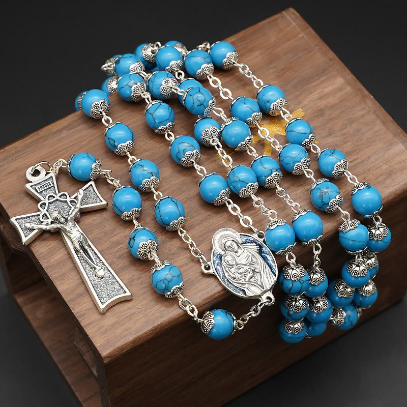 Christianartworkshop Blue Turquoise Christ Prayer Rosary with Mary & Baby Jesus Medal - Blue Turquoise - image 1