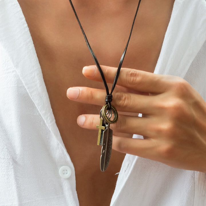 Christianartworkshop Feather Cross Pendant Leather Necklace - Leather - image 1