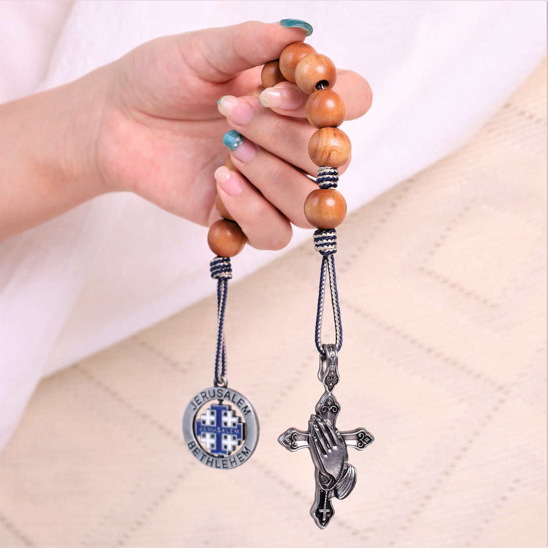 Praying Hands & Jerusalem Medal: Olive Wood Bless Pocket Rosary - image 2