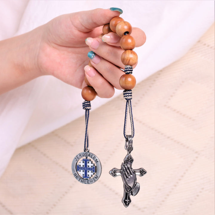 Praying Hands & Jerusalem Medal: Olive Wood Bless Pocket Rosary - image 2