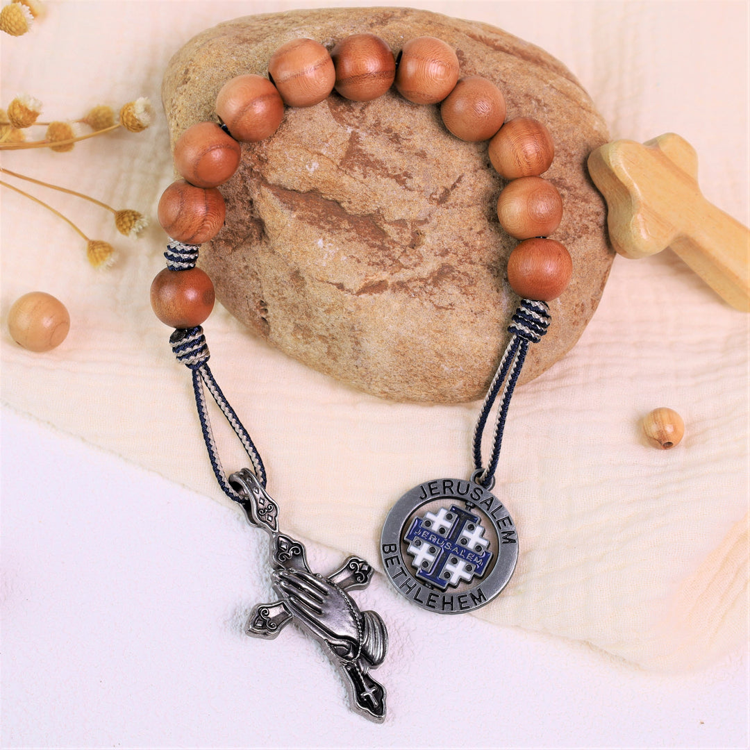 Praying Hands & Jerusalem Medal: Olive Wood Bless Pocket Rosary - image 5