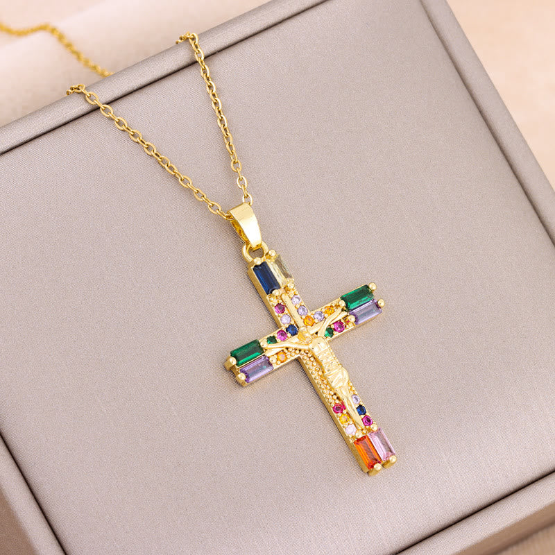 Christianartworkshop Retro Bohemian Style Colored Zirconia Cross Titanium Steel Necklace - Colorful - image 1