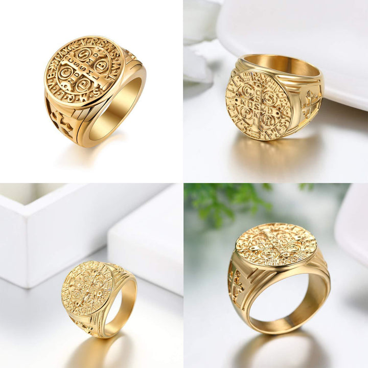 Christianartworkshop St. Benedict the Protector Titanium Ring - US 13 - Golden - image 0