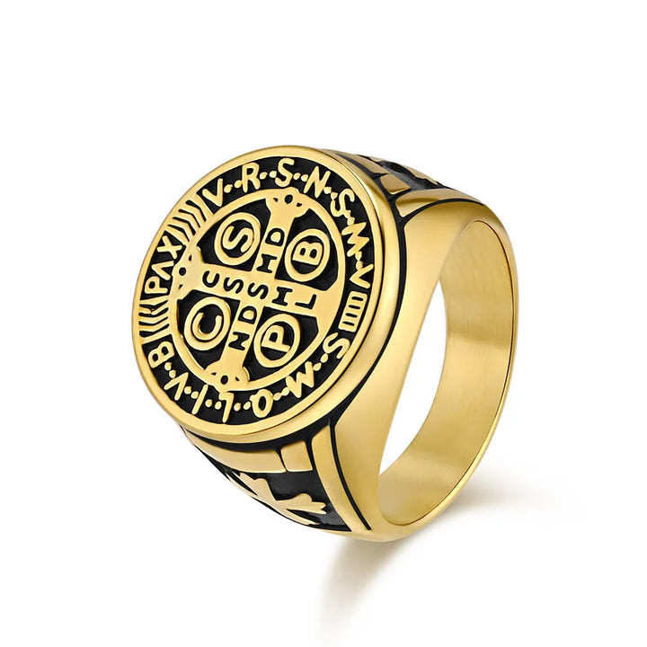 Christianartworkshop St. Benedict the Protector Titanium Ring - US6 - Black-Gold - image 8