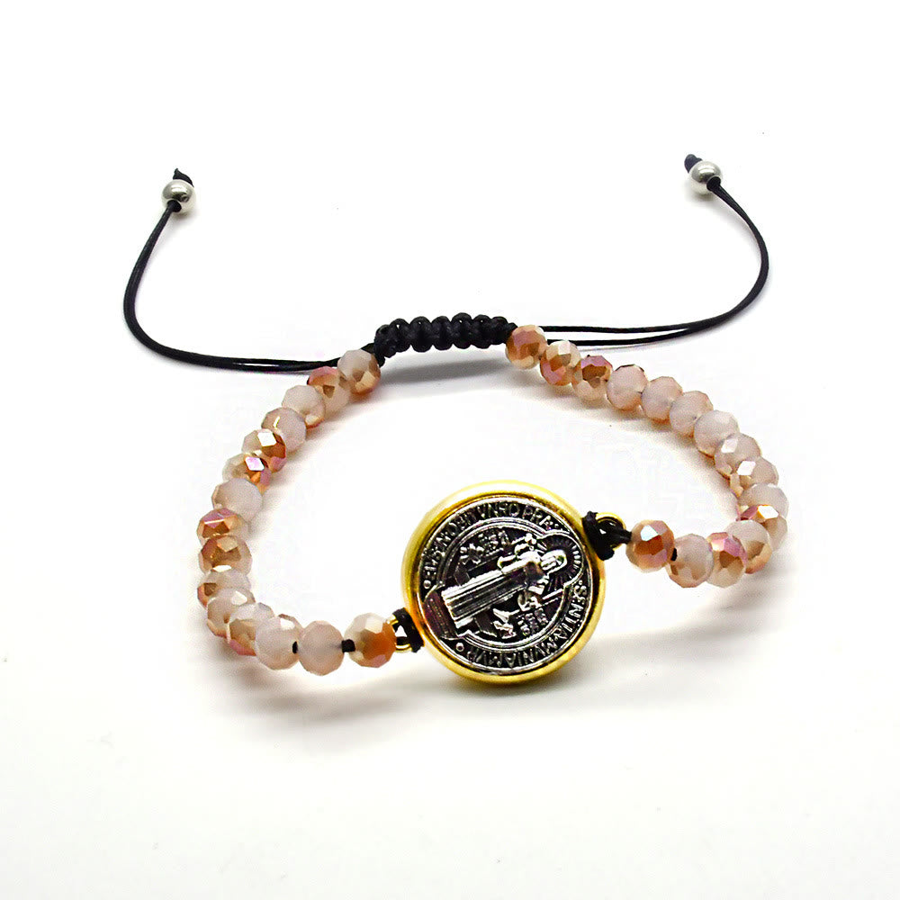 Saint Benedict Medal Cross Charm Adjustable Bracelet - Apricot - image 1