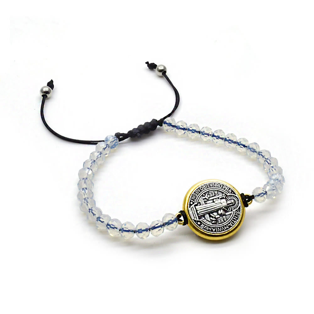 Saint Benedict Medal Cross Charm Adjustable Bracelet - White - image 2