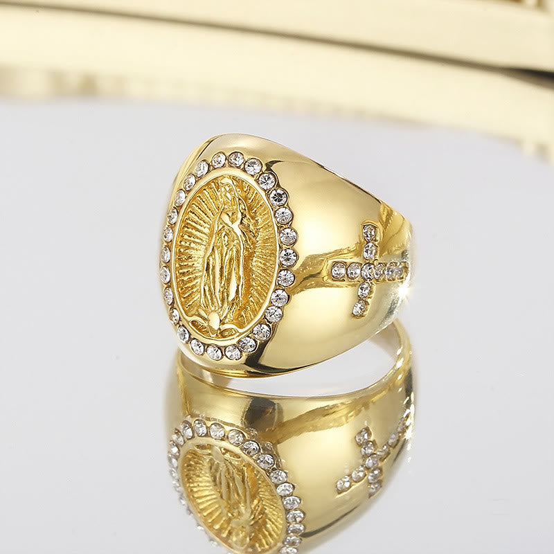 Christianartworkshop Virgin Mary Stainless Steel Ring Cross Sign Catholic Rings for Religious Jewelry - US13 - Golden - image 1