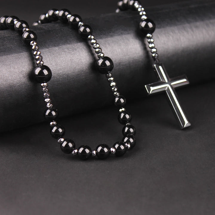 Christianartworkshop Agate/Tiger's Eye Stone Cross Catholic Rosary - Black Agate - image 0