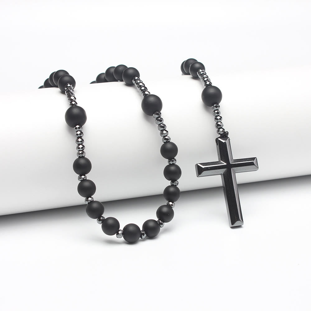 Christianartworkshop Agate/Tiger's Eye Stone Cross Catholic Rosary - Matte Onyx - image 2