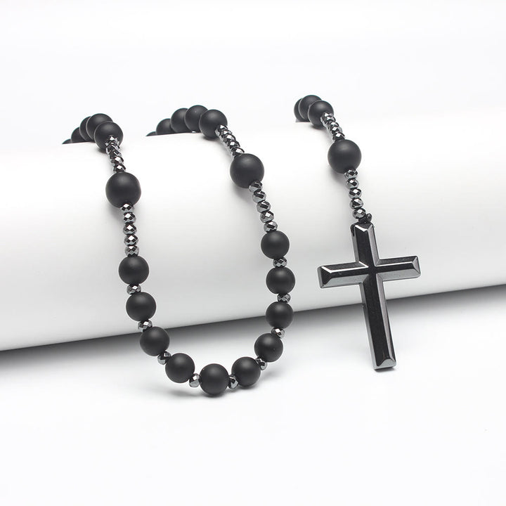 Christianartworkshop Agate/Tiger's Eye Stone Cross Catholic Rosary - Matte Onyx - image 2