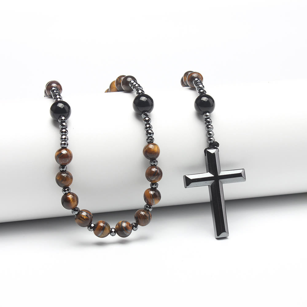 Christianartworkshop Agate/Tiger's Eye Stone Cross Catholic Rosary - Yellow Tiger's Eye - image 1