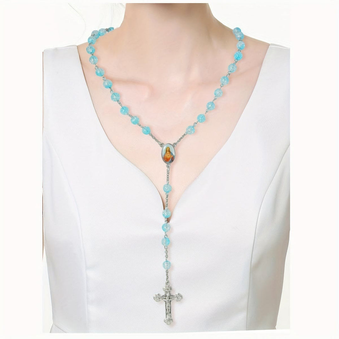 Celestial Blue Glass Beads Rosary with Jesus Heart & Crucifix - image 3