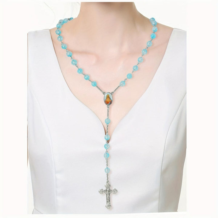 Celestial Blue Glass Beads Rosary with Jesus Heart & Crucifix - image 3
