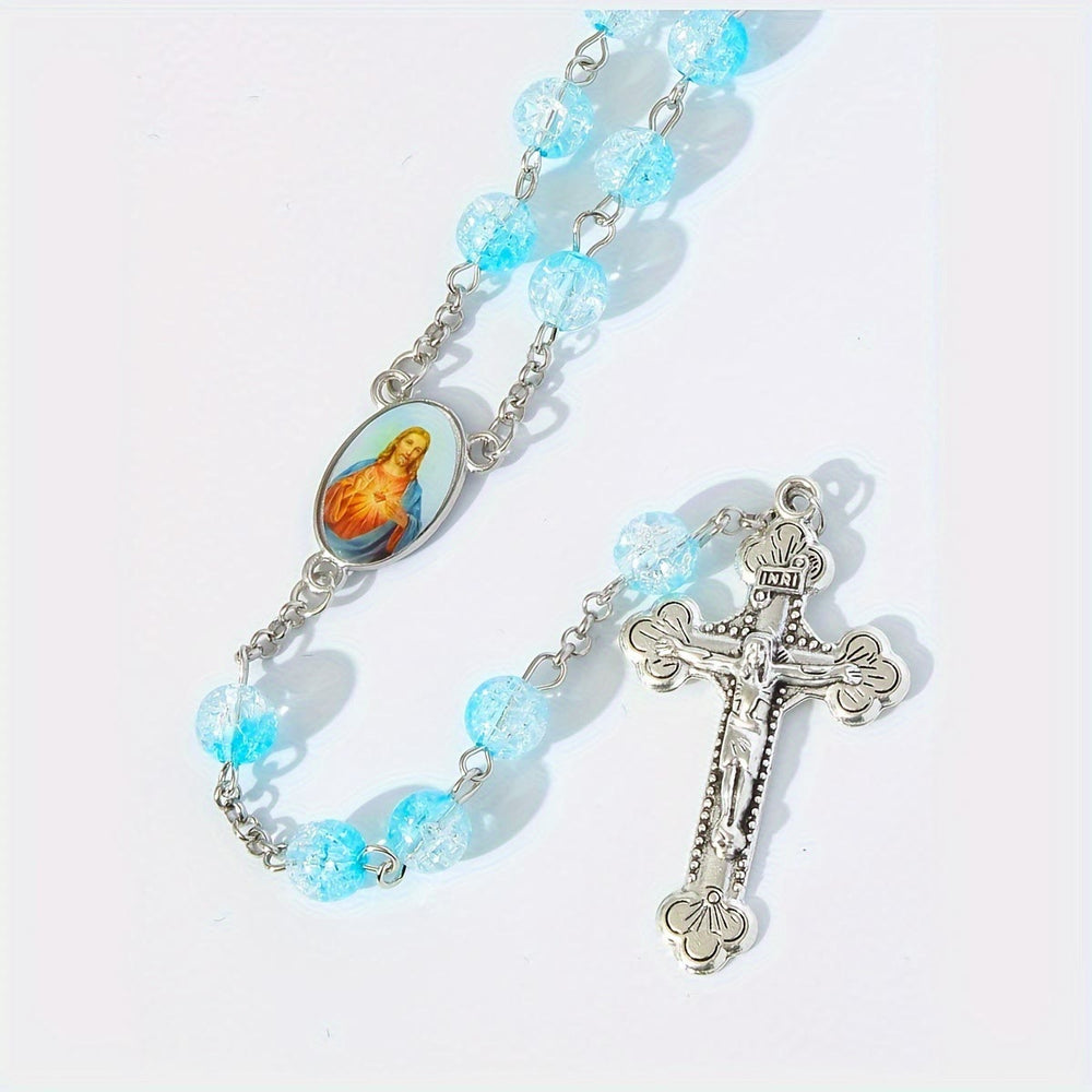 Celestial Blue Glass Beads Rosary with Jesus Heart & Crucifix - image 2