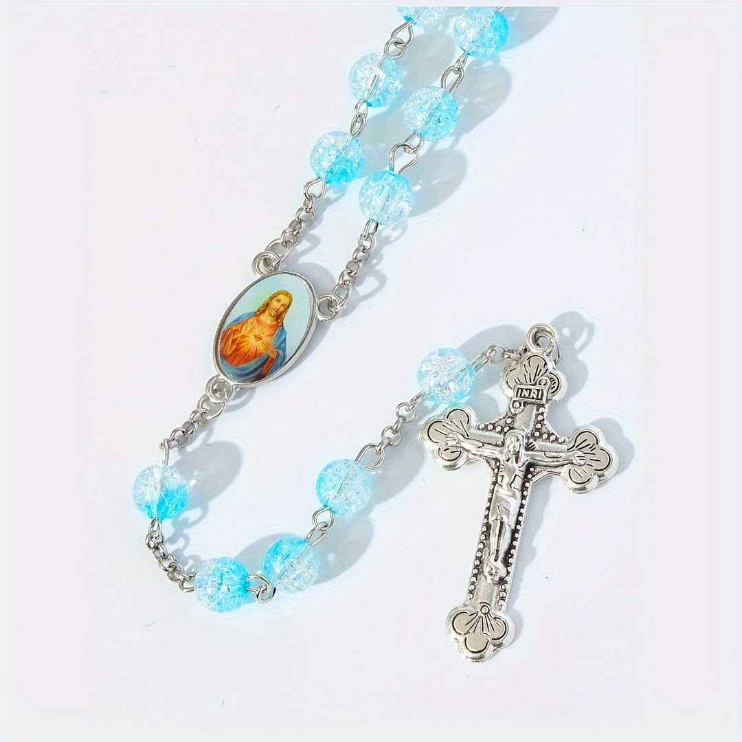 Celestial Blue Glass Beads Rosary with Jesus Heart & Crucifix - image 2