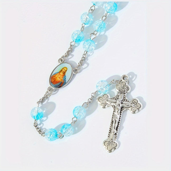 Celestial Blue Glass Beads Rosary with Jesus Heart & Crucifix - image 2