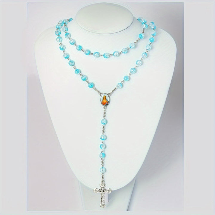 Celestial Blue Glass Beads Rosary with Jesus Heart & Crucifix - image 4