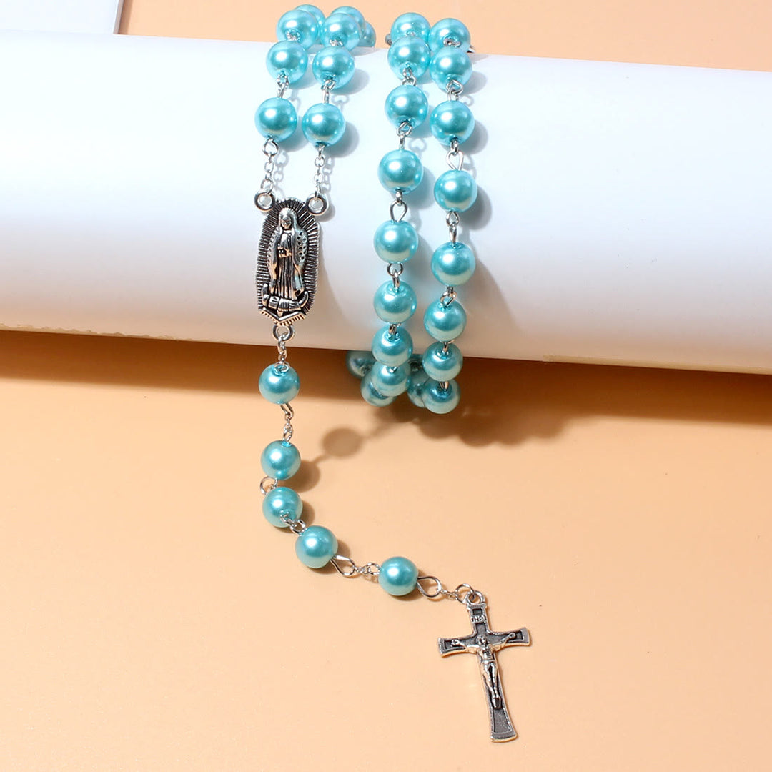 Virgin Mary Medal & Crucifix Pendant Pearl Necklace (4 colors for choice) - Light Blue - image 1