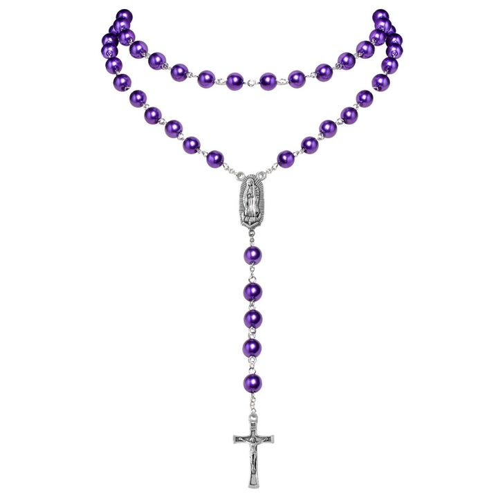 Virgin Mary Medal & Crucifix Pendant Pearl Necklace (4 colors for choice) - Purple - image 7