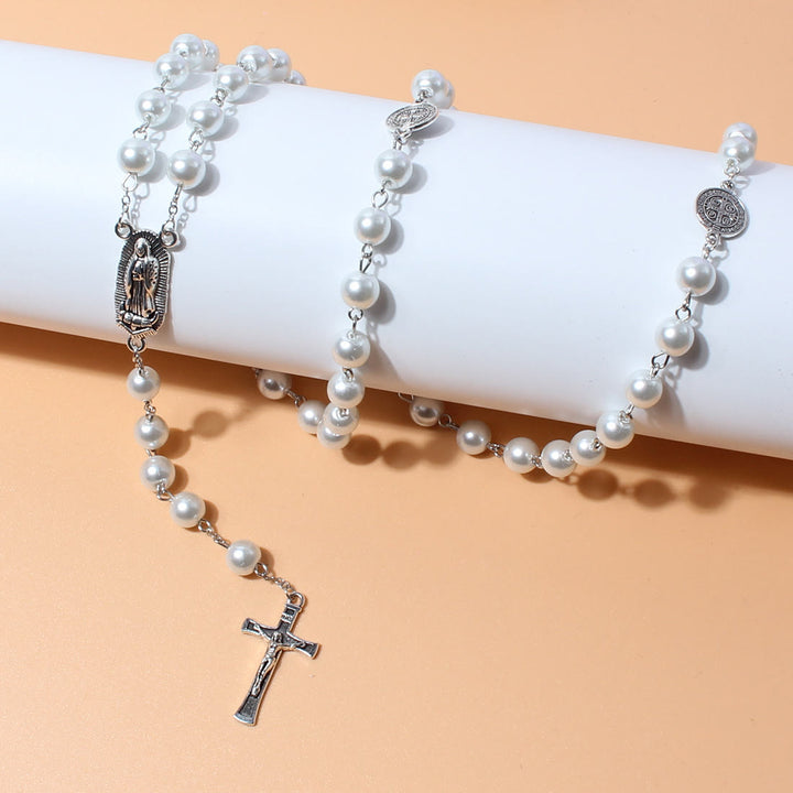 Virgin Mary Medal & Crucifix Pendant Pearl Necklace (4 colors for choice) - White - image 5