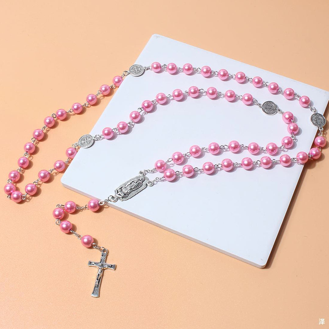 Virgin Mary Medal & Crucifix Pendant Pearl Necklace (4 colors for choice) - image 3
