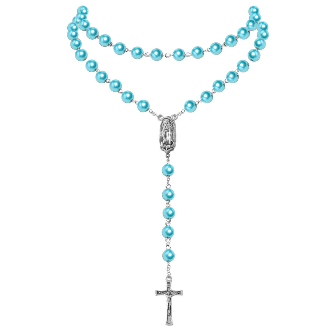 Virgin Mary Medal & Crucifix Pendant Pearl Necklace (4 colors for choice) - image 6
