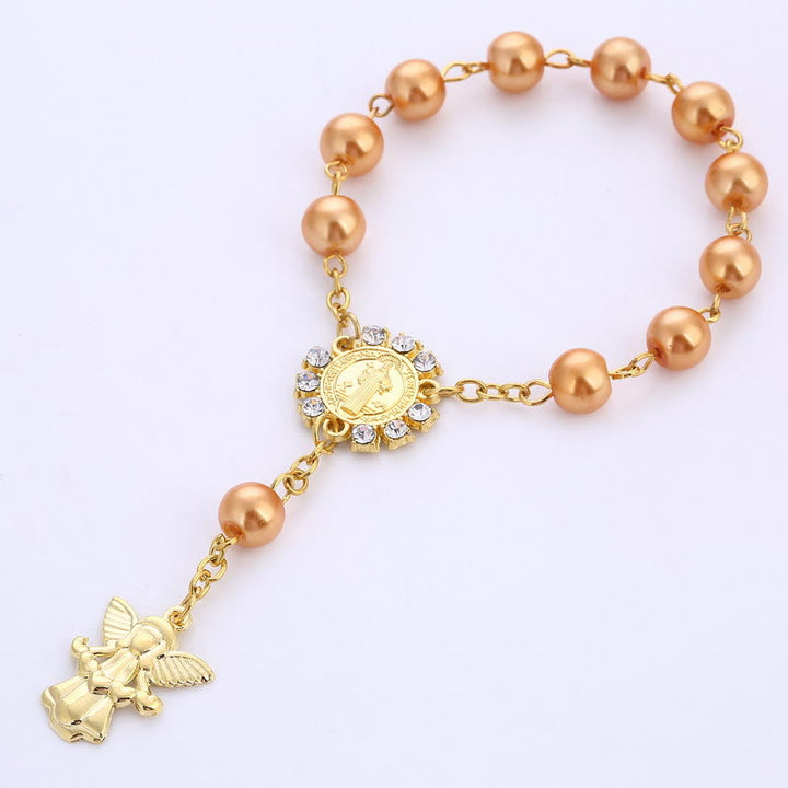 8mm Golden Angel Charm Jesus Rosary Bracelet - Apricot - image 4