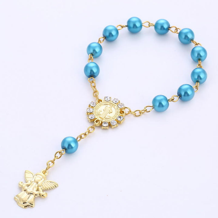 8mm Golden Angel Charm Jesus Rosary Bracelet - Blue - image 5